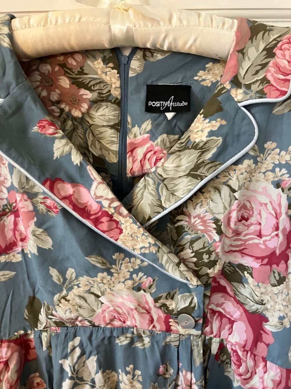 Women's Blue Floral Dress with Pink Roses